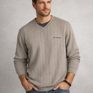 Columbia Pullover Sweater Mens XXL Tan V-Neck Vertical Ribbed Knit